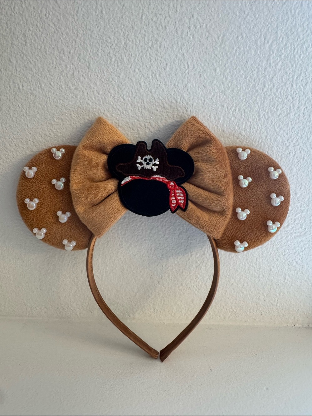 Disney Pirate Minnie Mouse Ears Headband Brown Plush Bow Pearl Mickey Accents